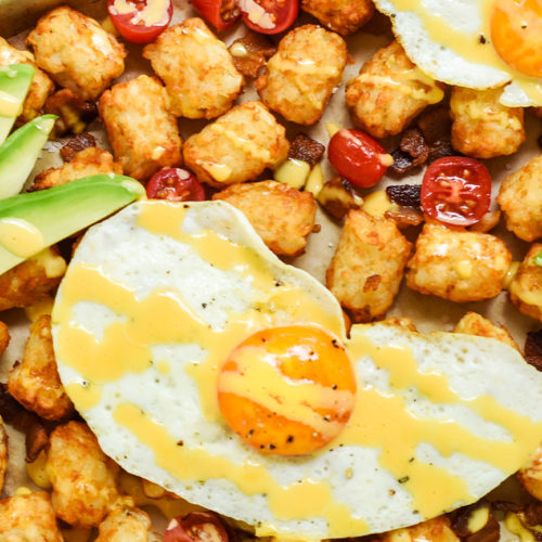 Loaded Breakfast Tots with Bacon, Eggs and Hollandaise Grown In Idaho